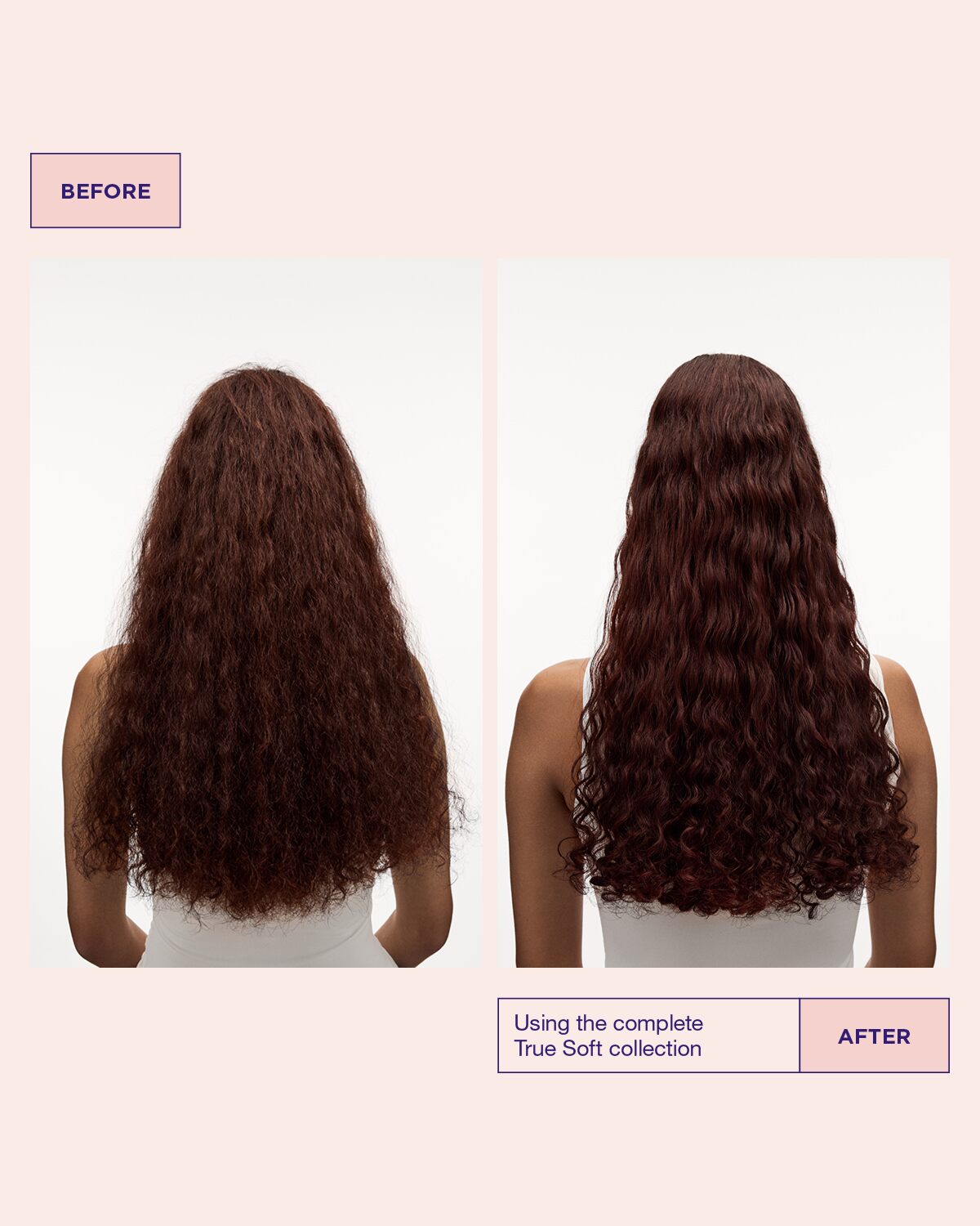 Model’s hair before and after using True Soft booster hair mask hair mask for dry hair