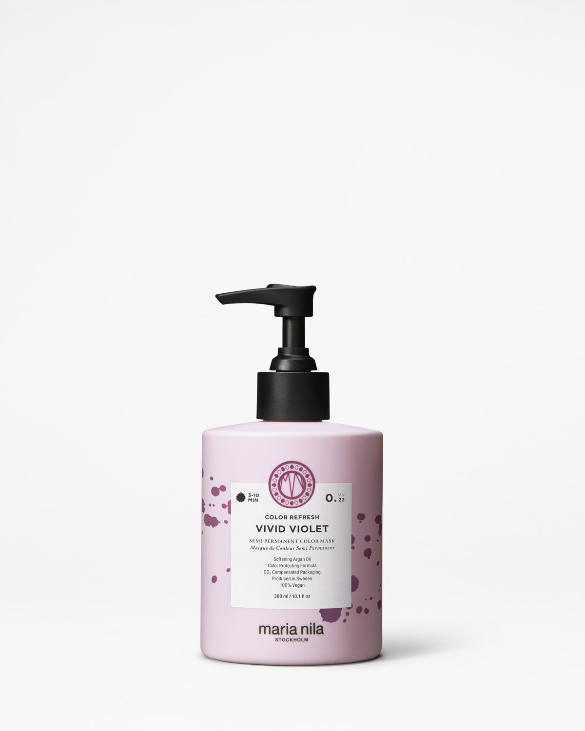 Pink bottle of Maria Nila hair color on a white background