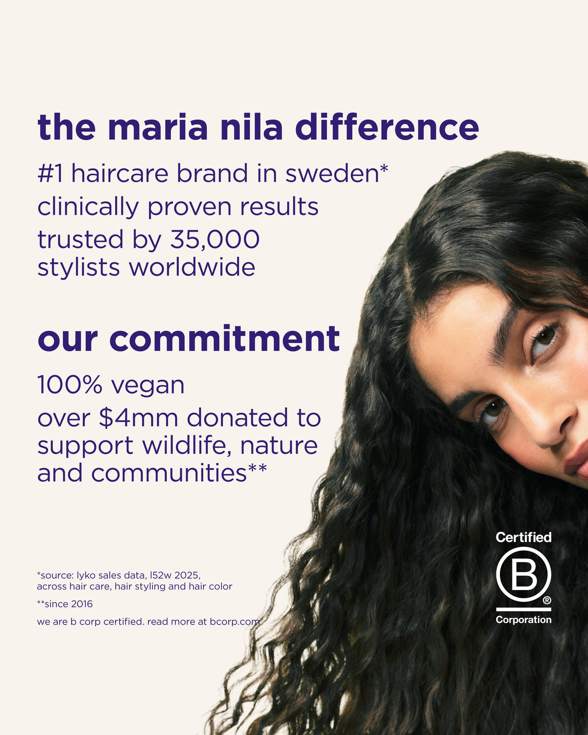 Promotional graphic for Maria Nila haircare, featuring a close-up of a woman with long, wavy black hair on the right side and large purple text on the left highlighting brand claims and vegan commitment, with a B Corp certification logo in the lower right.