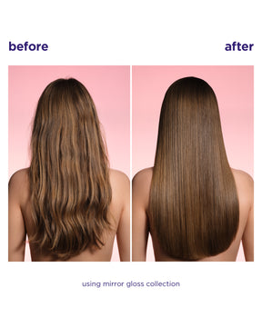 Before and after hair shine comparison showing a woman's long brown hair with waves on the left and sleek, glossy straight hair on the right, set against a pink background with the text 'before', 'after', and 'using mirror gloss collection'.