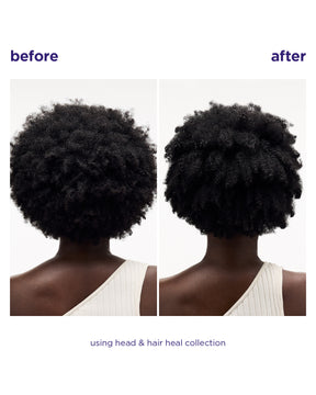 Before and after comparison of a person's hair showing natural, curly black hair on the left and fuller, smoother, healed hair on the right, with text reading 'before', 'after', and 'using head & hair heal collection'.