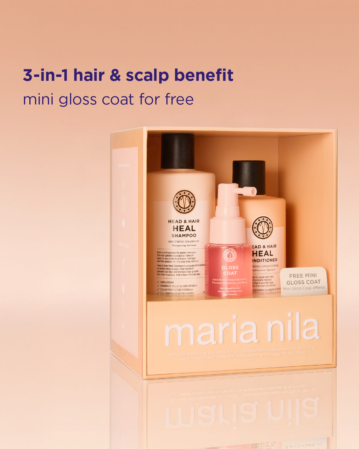 Maria Nila 3-in-1 hair and scalp benefit set in a peach-colored box, featuring a shampoo bottle, a conditioner bottle, and a pink mini gloss coat bottle, with promotional text on a peach background.