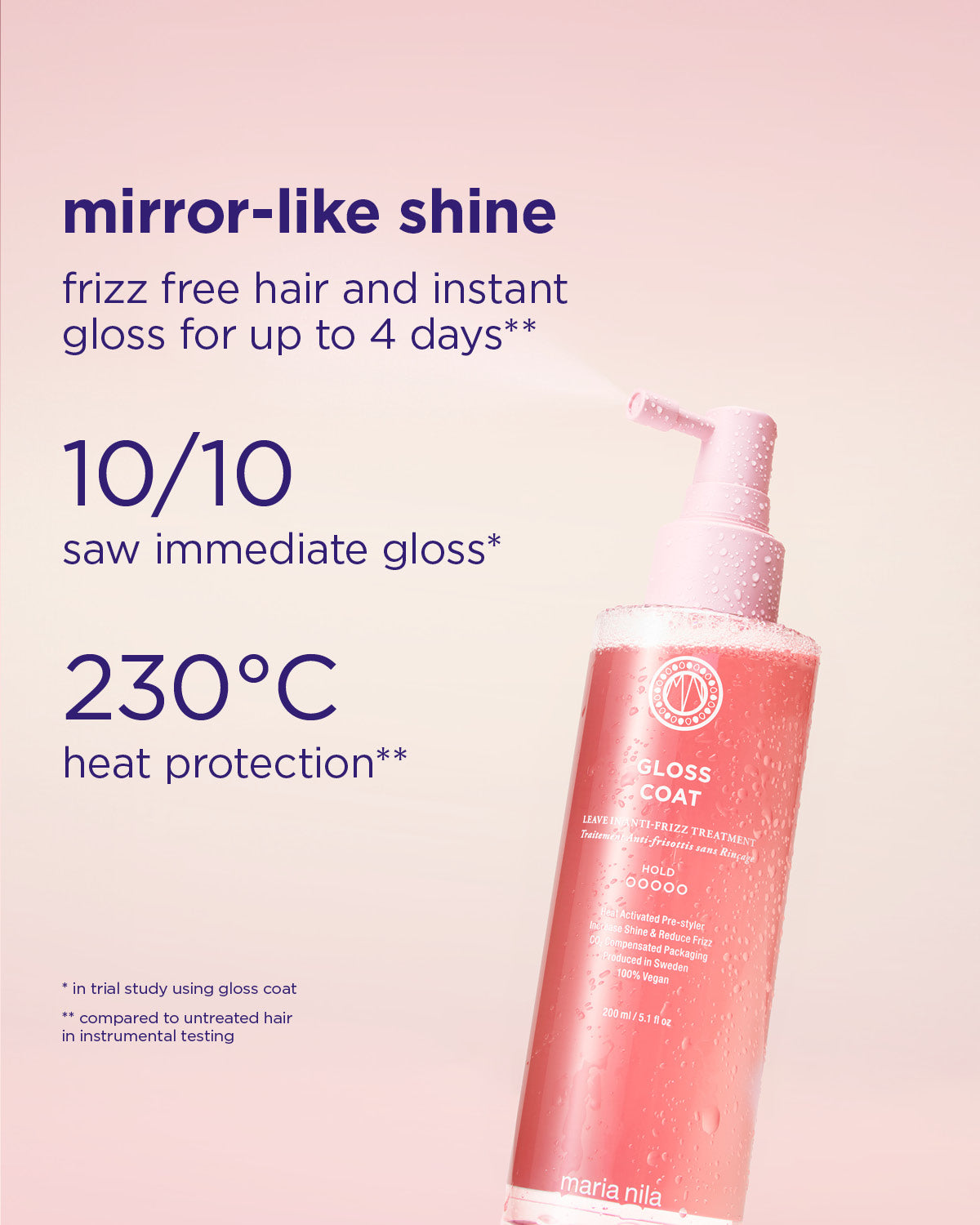 Gloss Coat bottle with text highlighting features on a pink background