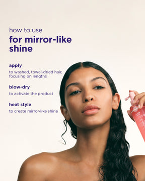 Woman with long hair holding a Gloss Coat bottle with text on how to use it for mirror-like shine.