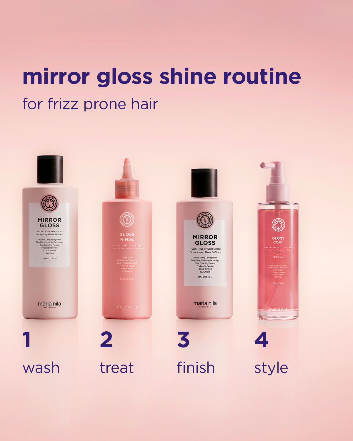 Four hair care products with labels on a pink background, labeled for a mirror gloss shine routine.