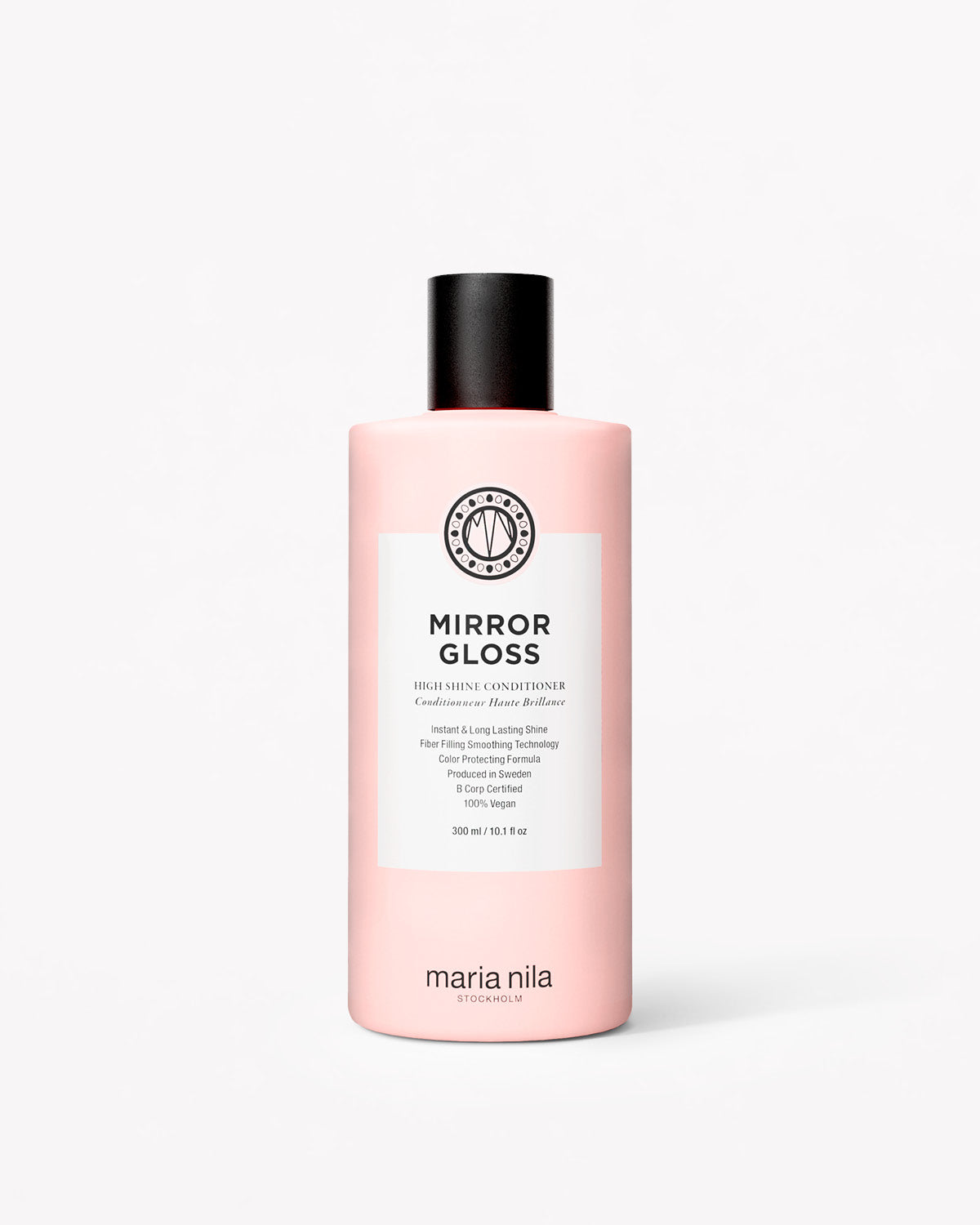 Pink bottle of Maria Nila Mirror Gloss Conditioner on a white background