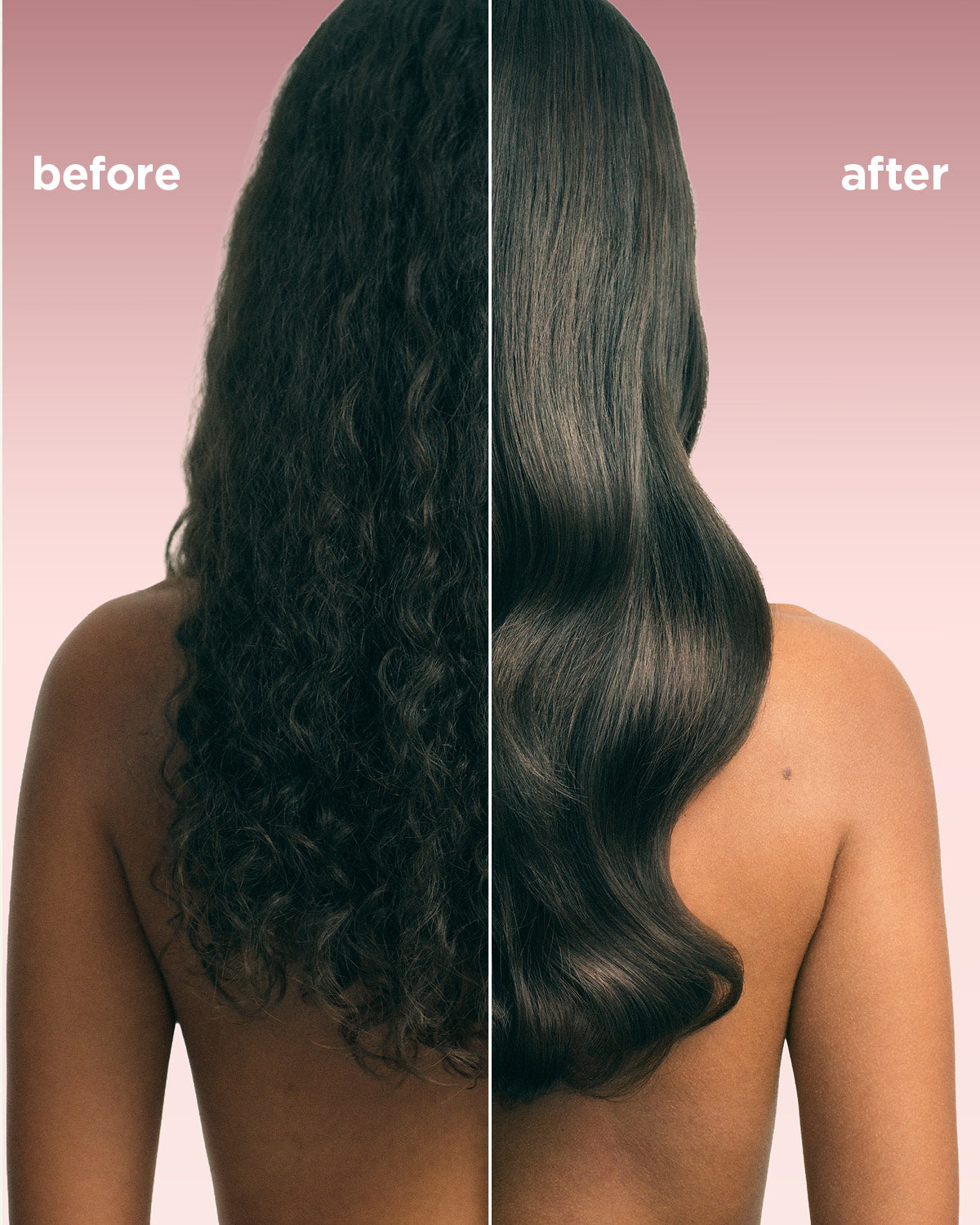 Before and after comparison of hair with a pink background