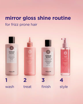 Four hair care products with labels on a pink background, labeled for a mirror gloss shine routine.