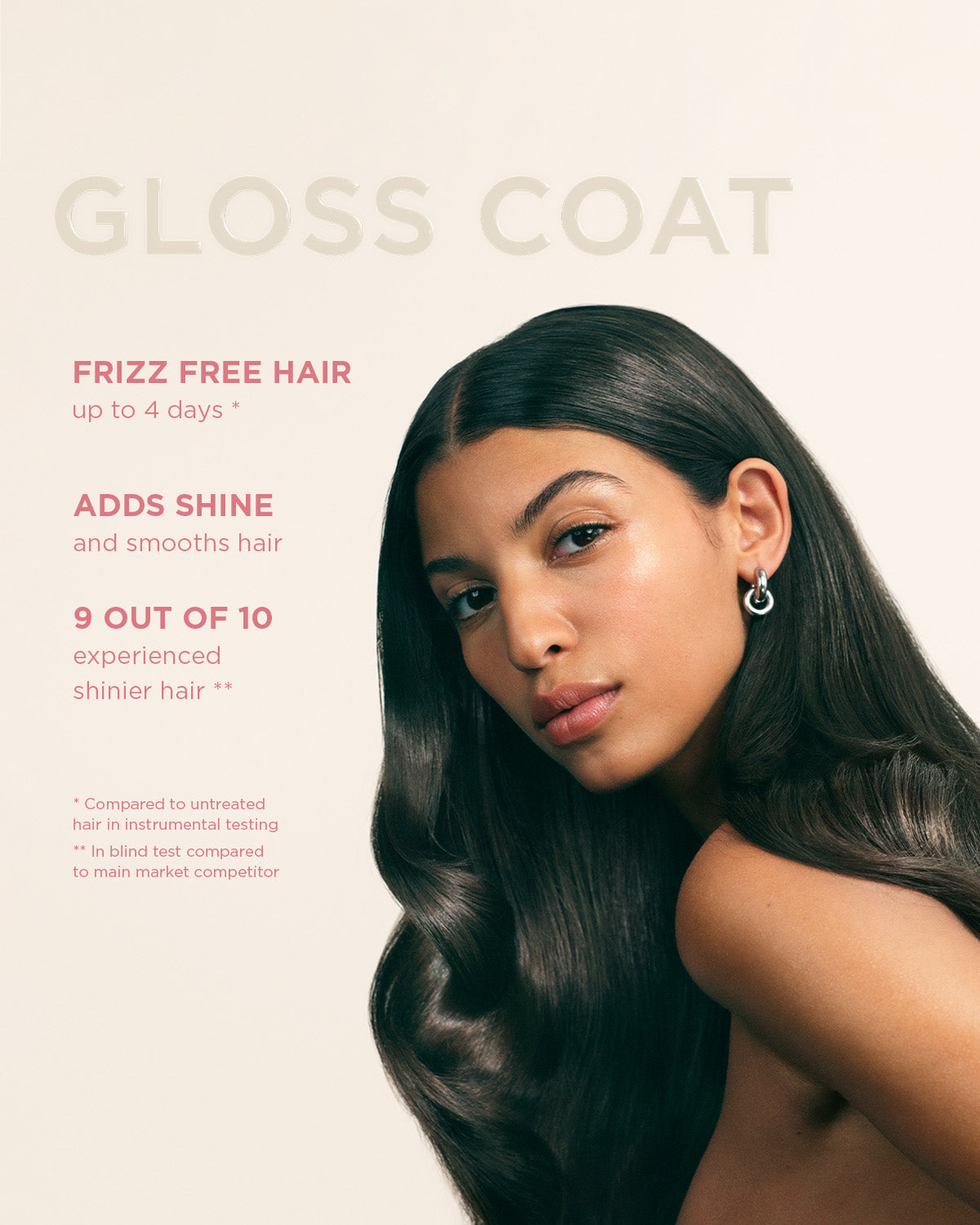 Woman with glossy hair and text about Gloss Coat on a beige background
