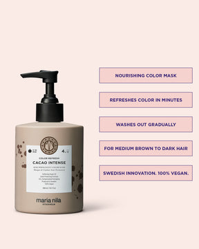 Maria Nila nourishing color mask bottle with product details on a beige background